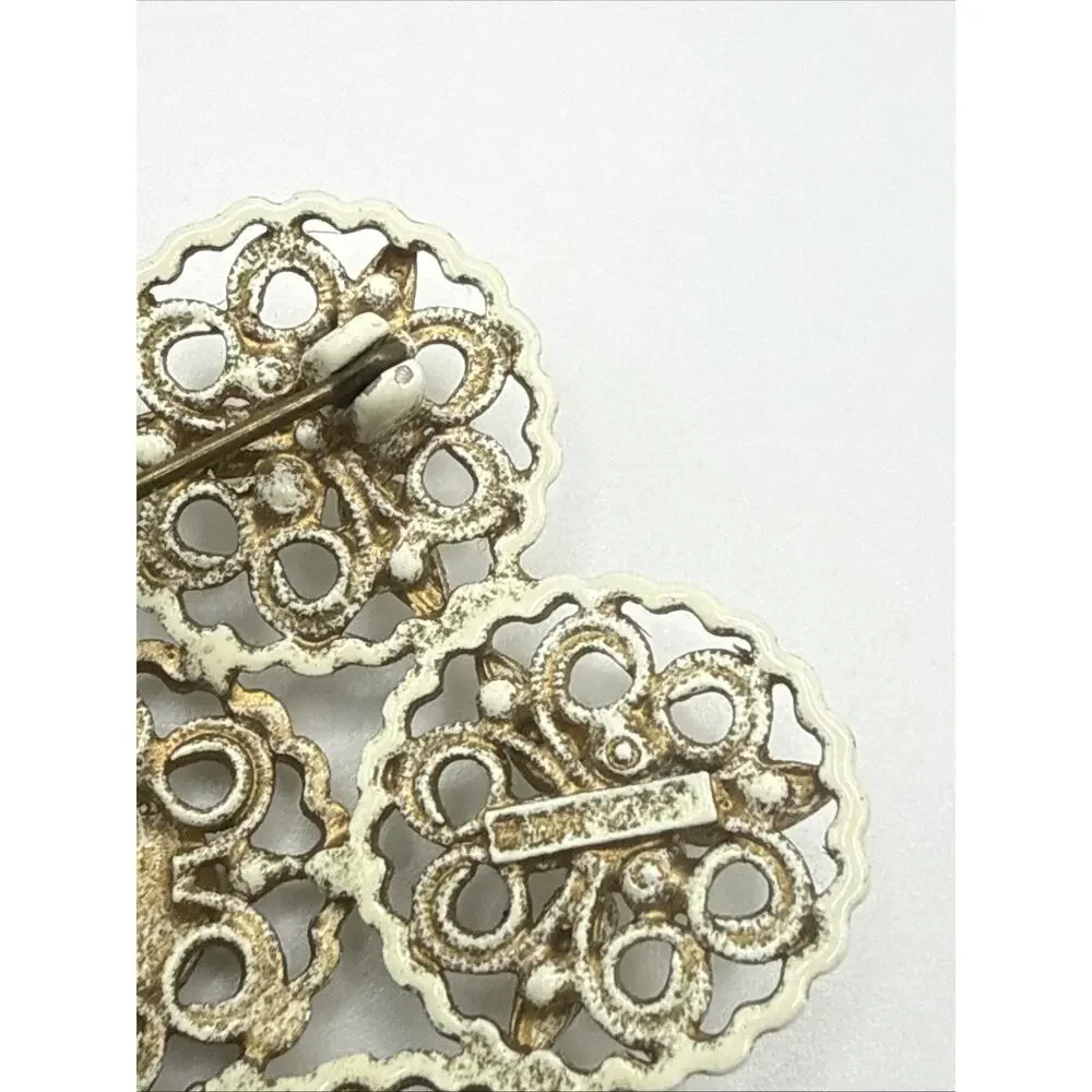 Vintage‎ Florenza ? Enamel Brooch Lace Cream White Gold Tone